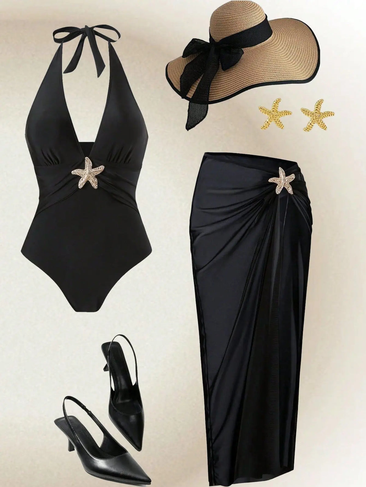 Vintage Black White Long Skirt Swimwear Sets Women Deep V Neck Starfish Hollow Out Bathing Suit Holiday One Piece Swimsuit 2026