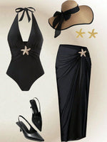Vintage Black White Long Skirt Swimwear Sets Women Deep V Neck Starfish Hollow Out Bathing Suit Holiday One Piece Swimsuit 2026