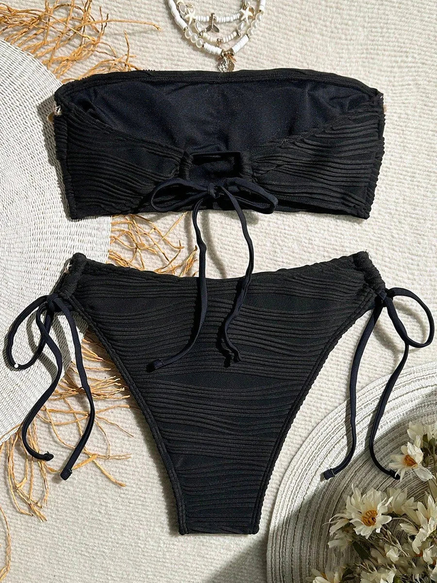 XS - XL Wrinkled High Cut Bandeau Bikini Women Swimwear Female Swimsuit Two-pieces Bikini Set Shells Bather Bathing Suit Swim