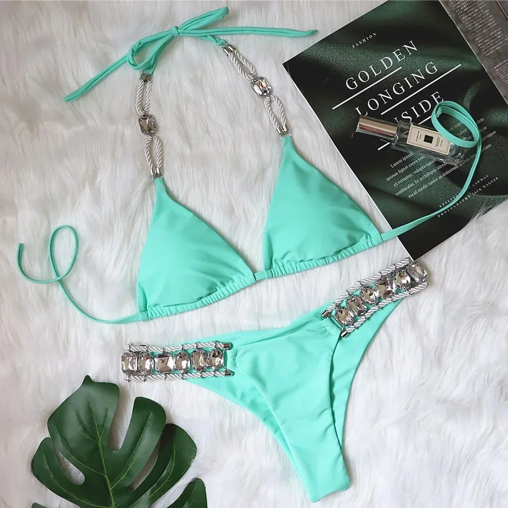 Sexy Bikini Women Push Up Swimwear Swimsuit Shiny Crystal Diamond Chain Halter Beach Bikinis Set Bathing Suit Bikini Brasileno