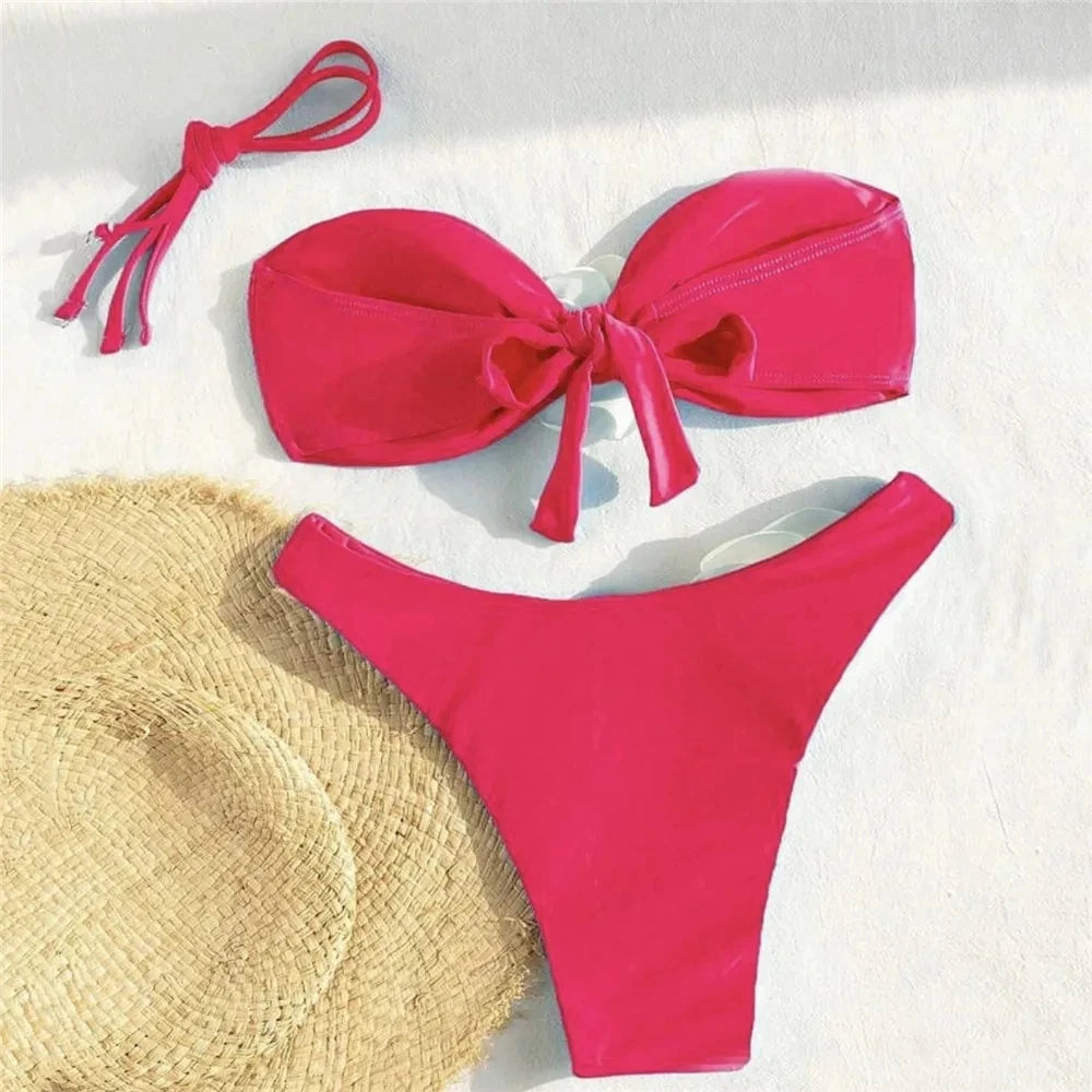 Sexy Flower Bandeau Swimwear Thong Bikini 2026 Women Lace-up Swimsuit Swimming Bathing Suit Brazilian Bikinis Sets Mujer Biquini