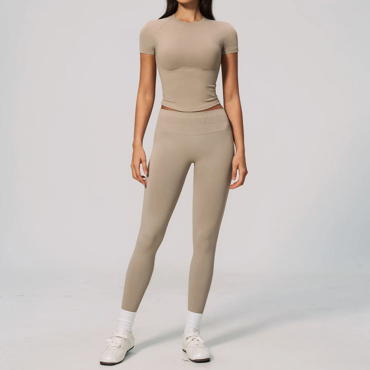 2PCS Women's Tracksuit Seamless Yoga Set Short Sleeve O Neck Workout T Shirts Fitness Suit Tight Hip Lifting Leggings Gym Sets