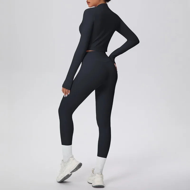 New Women Yoga Set Solid Color Double-Sided Brushed Bare Feel Short Long-Sleeve Jacket Tight Pants Running Fitness 2-Piece Set