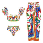 2024 Women Swimwear 2PC Cover-up Swimsuit Ruffle Solid Printed Deep V One-piece Monokini Kimono Bikini Suit Summer Beachwear