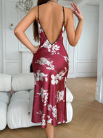 Women Floral Print Satin Long Nightdress Strap Cowl Neck High Split Evening Party Dress Ladies' Home Pajamas