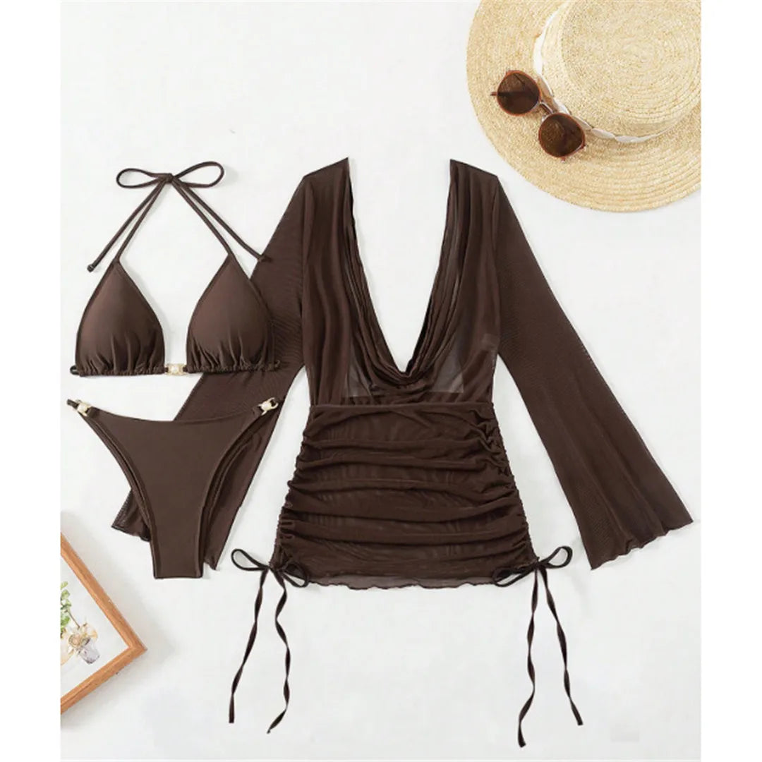 S - XL 3PCS With Long Sleeve Dress Bikini Women Swimwear Female Swimsuit Three-pieces Bikini Set Bather Bathing Suit Swim V7757