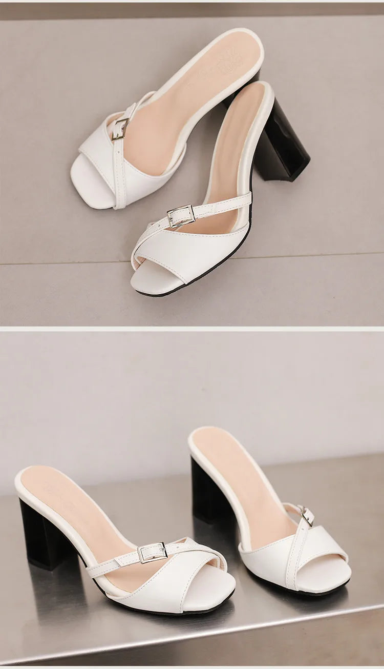 Summer New Fashion Open Toe Solid Color Simple Leather Surface Versatile Color Large Slippers Square Heel Shoes Women