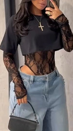 Sexy Women Crop Top+Lace Jacquard Full Sleeve Bodysuit Hottie Street Clubwear Slim Fit Wild Matching Basic Skinny Tees+Jumpsuit