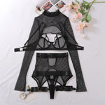 Toucheart Sexy Lingerie Set For Women Hollow Mesh See-through Sexy Temptation Free Underwear Long Sleeves Garters Lingerie Set
