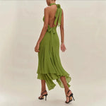 Temperament Halter Neck Long Dresses Women Green Backless Leace-up Irregular Package Hip Party Dress Elegant Banquet Vestidos