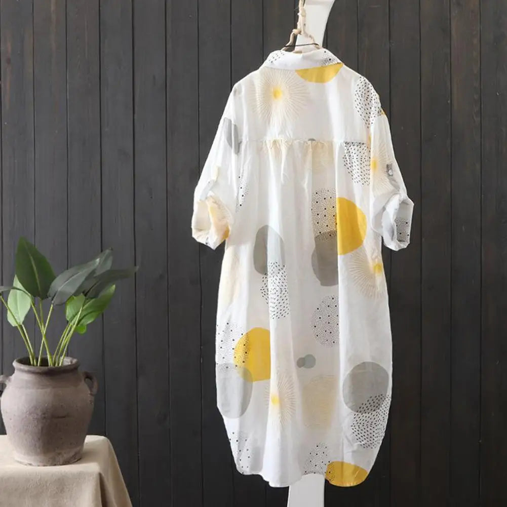 Spring Autumn Women Shirt Long Sleeve Fashion Print Sunscreen Shirts Lapel Long Coat Irregular Hem Anti Sun Women’s blouse