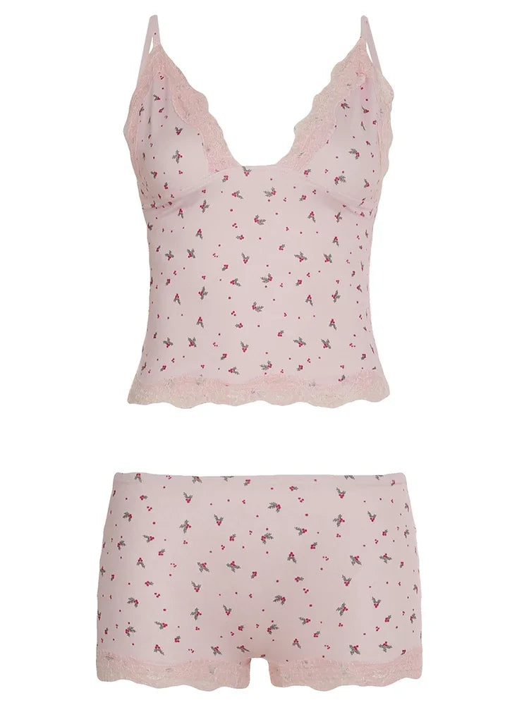 Women's Floral Lace Camisole and Shorts Pajama Set V Neck Cami Top & Lace Trim Sleepwear Loungewear Two Piece Set