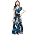Summer Women Dress Floral Print A-line Big Hem High Waist Short Sleeves Round Neck Pleated Mid-calf Length Party Commute Dress