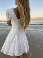 White lace embriodery summer beach dress women elegant hollow out lace up short dress off shoulder puff sleeve sheer dress 2025