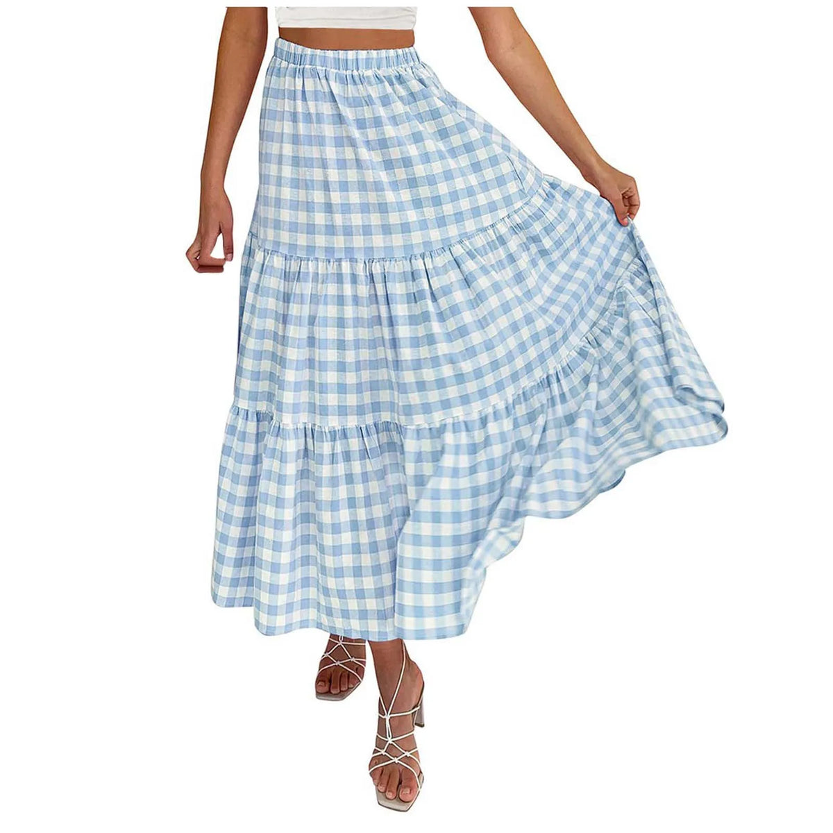 2026 Summer Vintage Checkered Maxi Skirt Women High Waisted Elastic Plaid Ruffle Long Skirts Retro Sweet Cake ALine Skirts