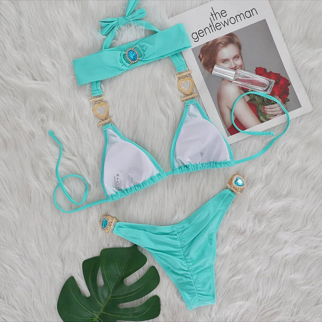 Diamond Rhinestone BikiniFemale Swimsuit Women Swimwear Two-pieces Bikini set With Hairbands Bather Bathing Suit Swim V3047G