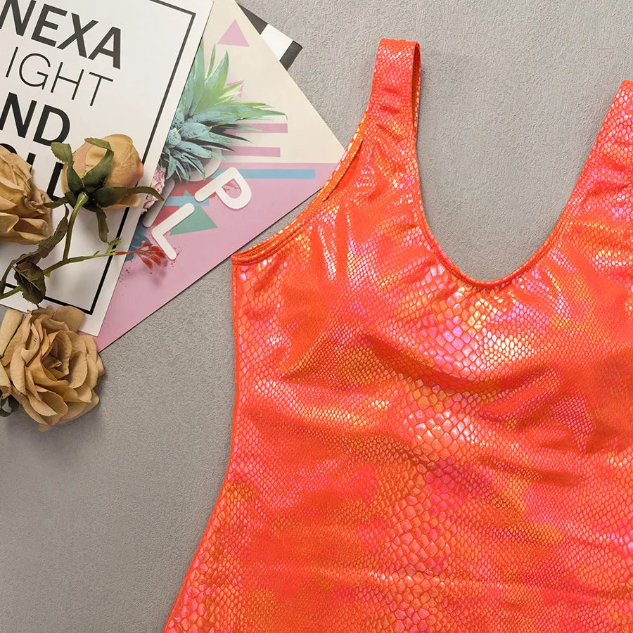 Shiny Orange Snakeskin Print Swimwear Women Sexy U Neck Slimming Backless Bathing Swimming Suit One Piece Swimsuit 2025 Monokini