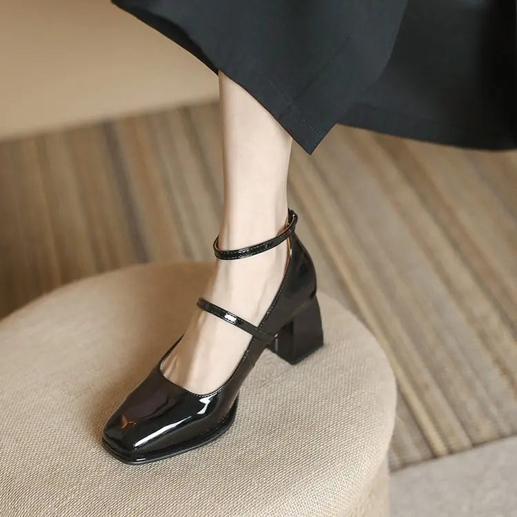 2026 New Mary Jane Shoes High Quality Leather Shoes Shallow Square Toe Womens Sandals Buckle Strap Women's Pumps