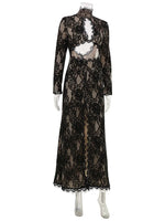 Summer Maxi Dress Women Sexy Sheer Lace Hollow Out Long Sleeve Floral Split Slim Bodycon Solid Casual Beach Party Club Vestidos