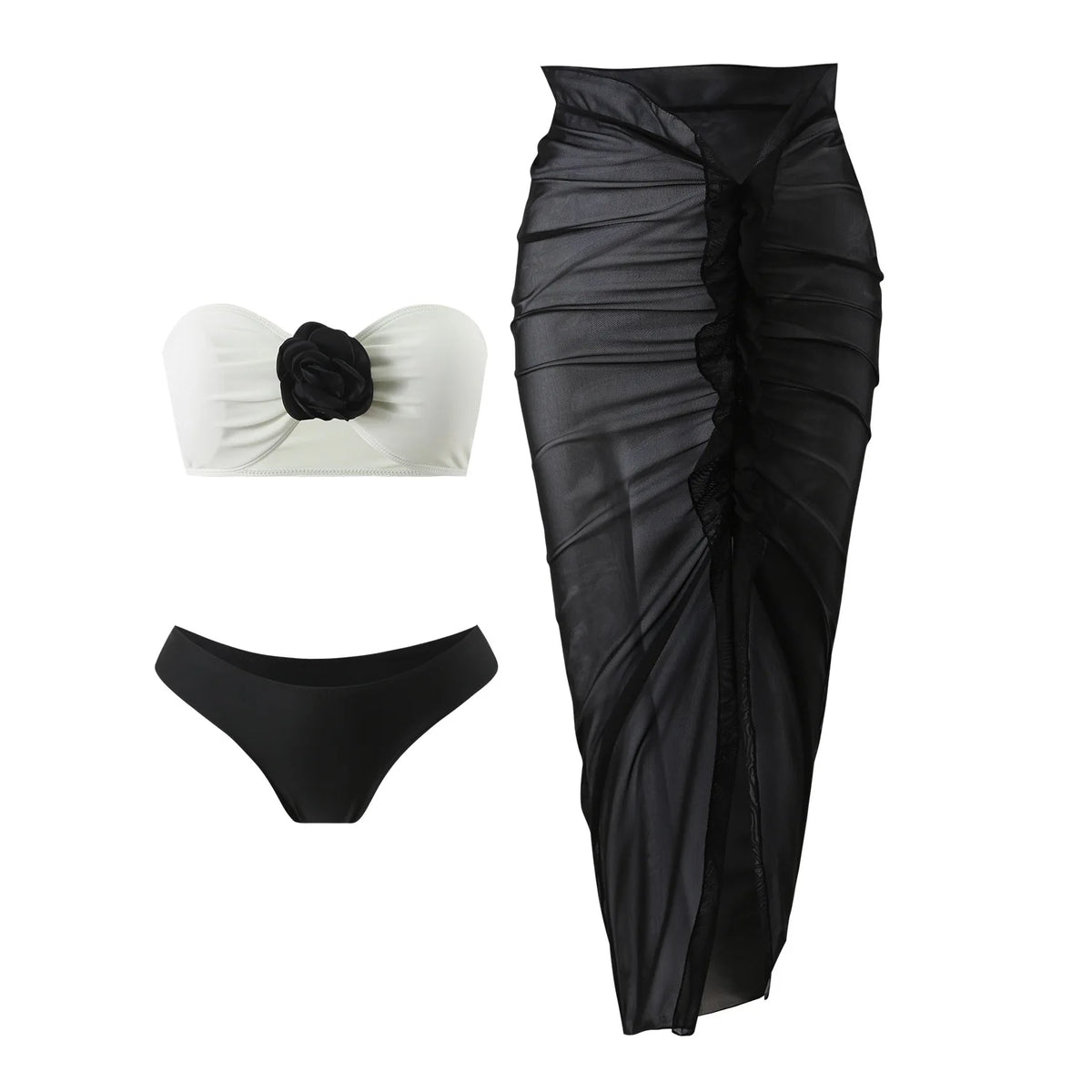 sexy 3d flower bandeau bikinis sets 3pcs with long mesh split skirt black white patchwork swimsuit bathing suit beach outfits