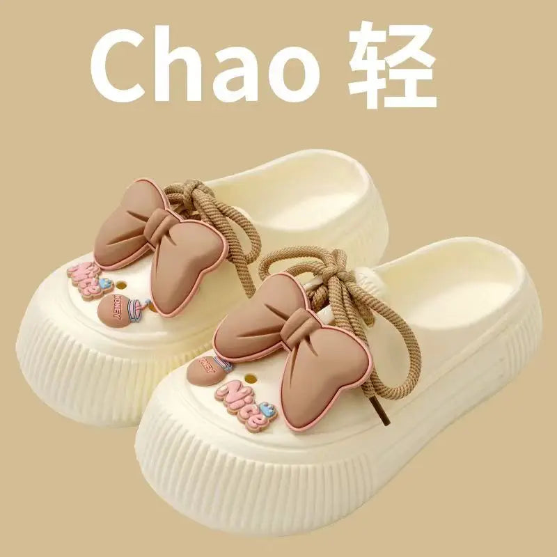2025 New Slippers DIY Bow Platform Sandals for Women Summer Thick Sole Beach Slides Woman Flowers Non Slip Clogs Garden Shoes