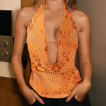 Women Flower Sequins Halter Vest Sleeveless Backless Deep V Neck Camisole Vintage Sexy Tank Top Streetwear
