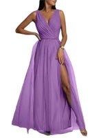 Elegant Solid Color Fine Sparkle Party Dresses Women Temperament V-neck Leace-up Mesh Slit Long Dress Evening Vestidos Female