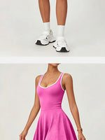 Naked Breathable Tennis Dresses with Built-in Pocket Shorts Women Color Contrast Hollow Out Backless Sports Golf Pleate Dress