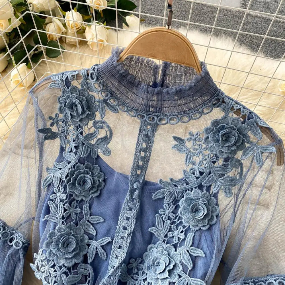 2 Pcs/Set Women Dress Suit Floral Embroidery See-through Lace Lantern Sleeves Pleated A-line Elastic Waist Dress Slip Dress Suit