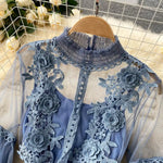 2 Pcs/Set Women Dress Suit Floral Embroidery See-through Lace Lantern Sleeves Pleated A-line Elastic Waist Dress Slip Dress Suit