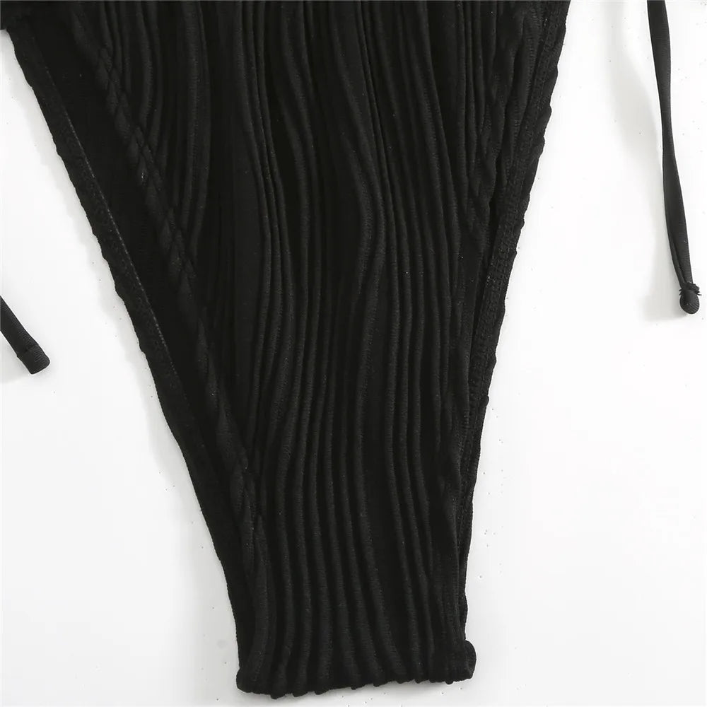 Sexy Backless One Piece Swimsuit Woman 2026 String Texture Swimwear Hollow Out Monokini High Cut Bathing Suit Deep V Neck Bather
