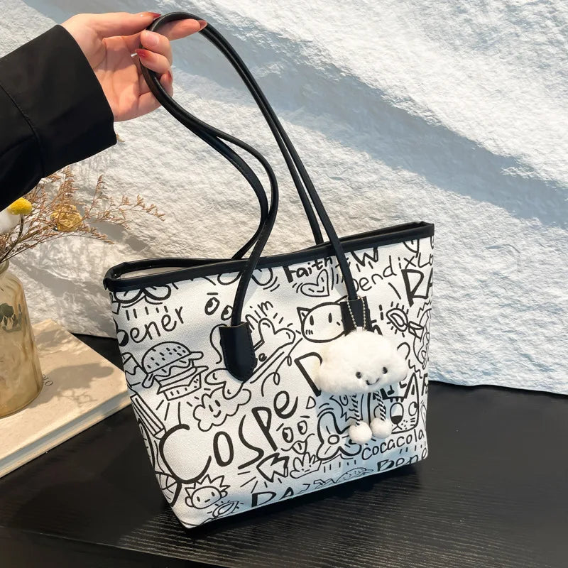 Large Capacity Printed Tote Bag, Fashion and Versatile Casual Single Shoulder Handbag with Pendant, College Style Women's Bags