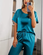 Two piece set of women's solid color satin pajamas and home clothes, short sleeved pants, loose and casual outdoor home clothes
