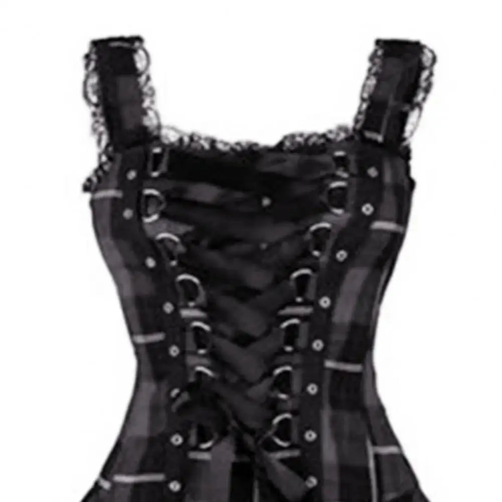 Lace Up Sleeveless A-Line Dress Steampunk Plaid Mini Dress for Women Medieval Renaissance Corset Lace Trim Gothic Dress