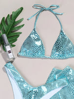 Sexy Swimsuits Women Halter Bikini Lace Up Green Snakeskin Print Pleate Skirts 3 Piece Swimwear Beach Bathing Suit Swimming Suit