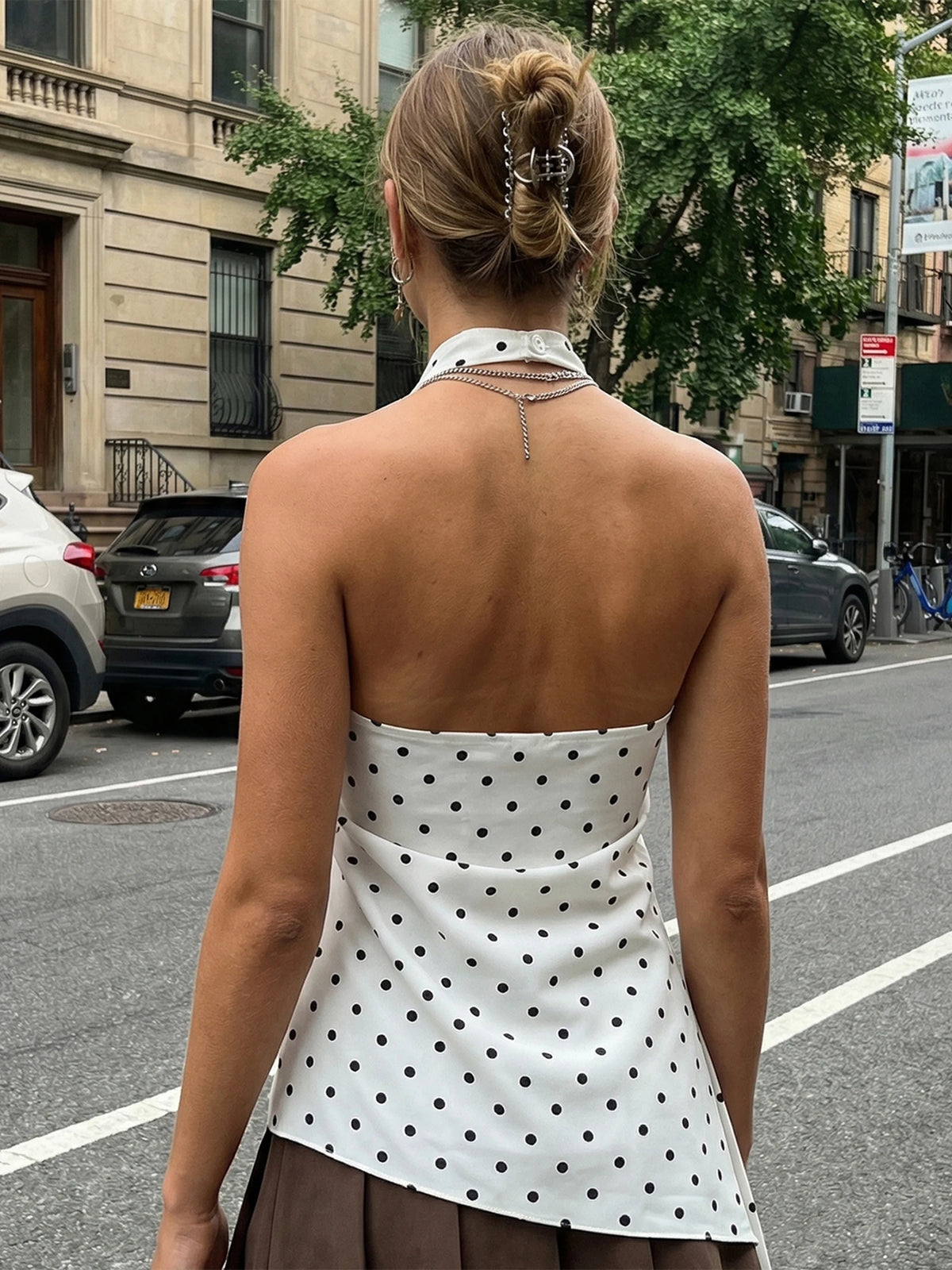 Women Halter Tank Tops Dots Print Asymmetric Hem Vest 2026 Summer Fashion Sleeveless Elegant Retro Blouses Streetwear