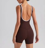 Sexy Sleeveless Backless Scrunch Yoga Jumpsuit Women Color-block U Neck Slim Sports One Piece Suits Tight Fitness Gym Overalls