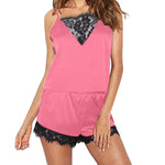 Women Satin Pajama Set Lace Trim Cami Top and Shorts, Black V Neck Spaghetti Strap Sleepwear, Soft Home Loungewear