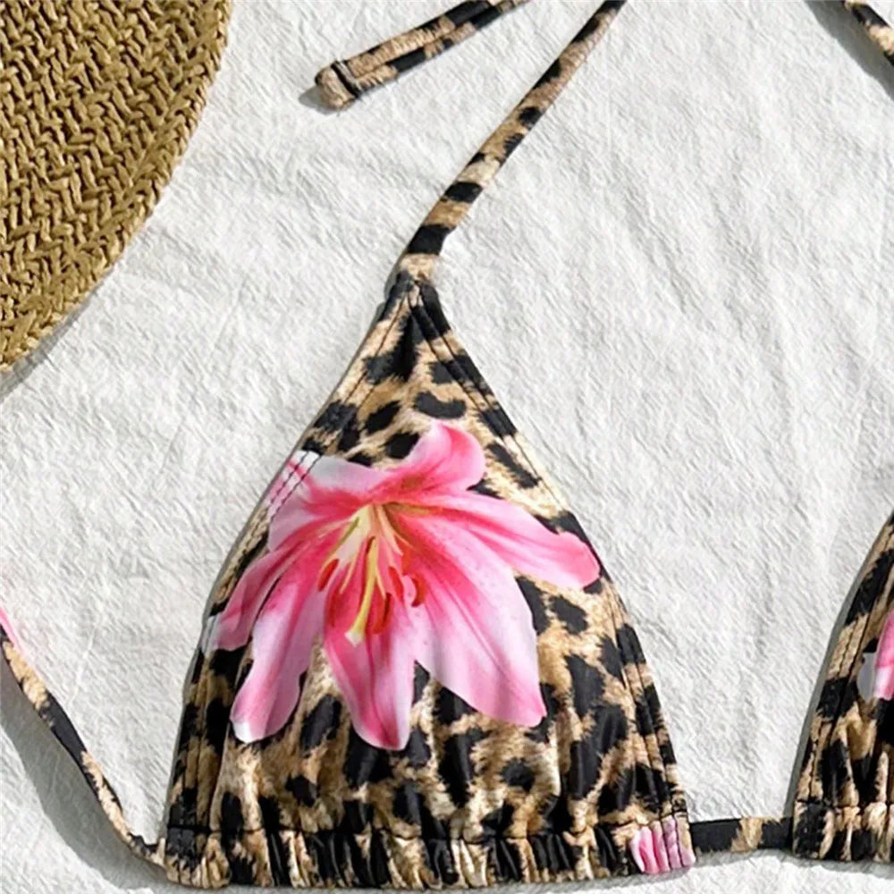 Leopard Print Swimwear Cover Ups String Halter Triangle Bikinis 2026 Mujer Sexy Swimsuits Women Bathing Suit 3 Piece Bikini Set