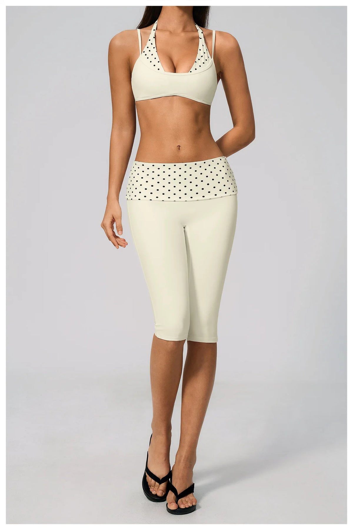Summer Polka Dot Yoga Sets Women Hanging Neck Shockproof Sports Bra Fitness Suit Folding High Waist Mid Pants Gym Tracksuit