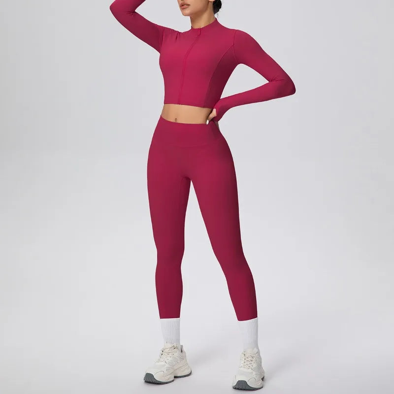 New Women Yoga Set Solid Color Double-Sided Brushed Bare Feel Short Long-Sleeve Jacket Tight Pants Running Fitness 2-Piece Set