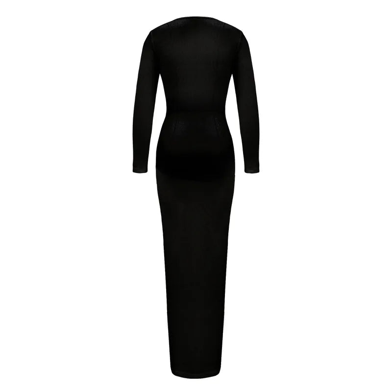 Trendy Solid Color Slim Long Dresses Women Sexy Deep V-neck Hollow Out Leace-up Package Hip Bodycon Party Dress Female Vestidos