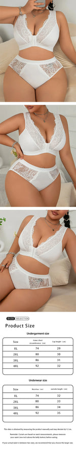 Plus Size Front Closure Lingerie Set, Unpadded Lace Open Back Wireless Full Bust Support Bra