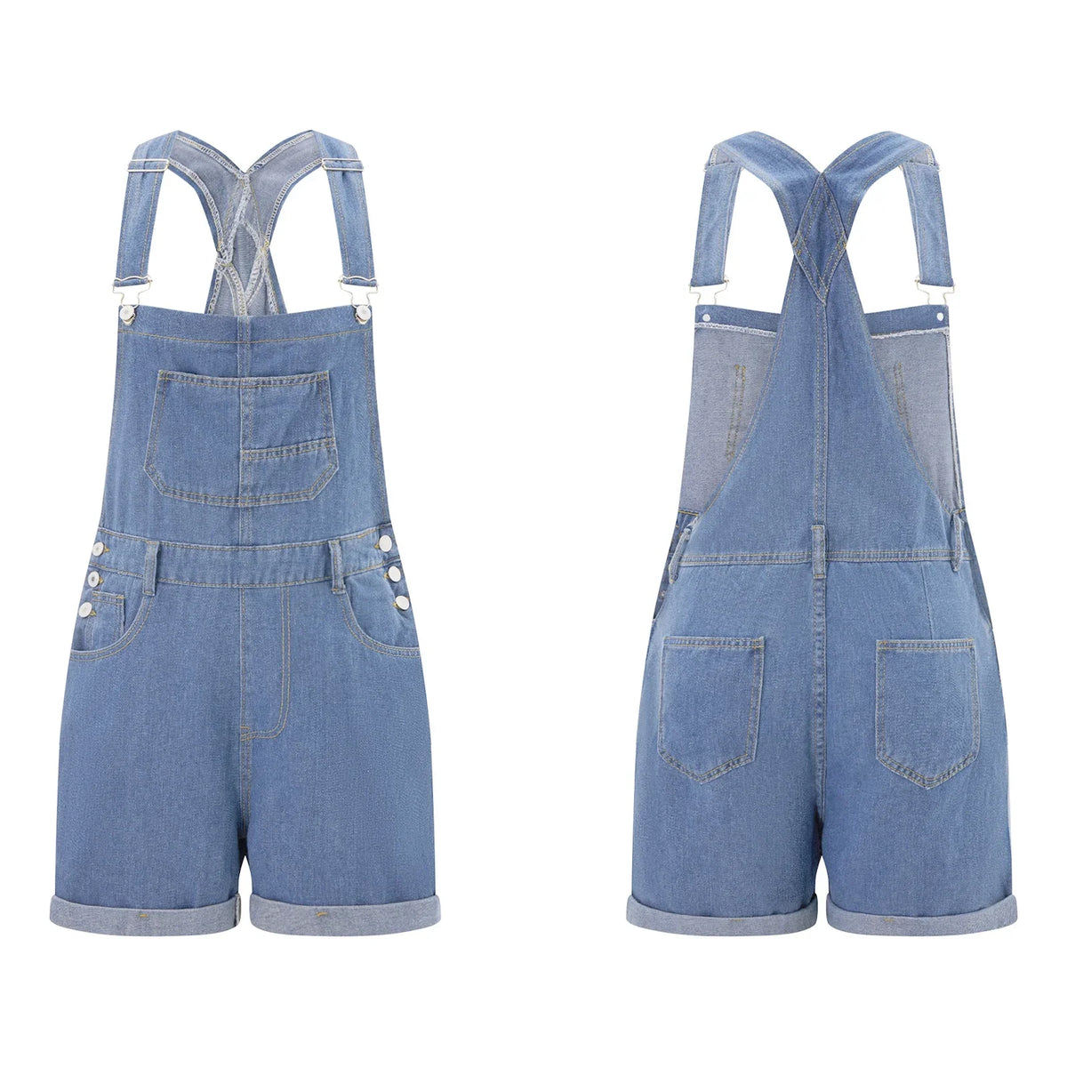 Women Denim Bib Overalls Adjustable Straps Shorts Romper with Pocket Casual Rolled Cuff Shortalls