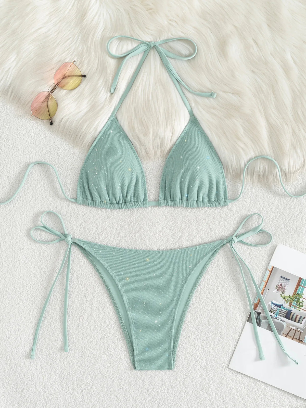 DEKA Triangular Shiny Bikini Set Sparkling Halter Strappy High Cut Bikini Female Thong Swimsuit Women Swimwear Bathing Suit