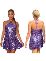 Women Summer Mini Dress Sparkly Sequin Sleeveless Halter Backless Slip Dress for Evening Party Date Night Streetwear