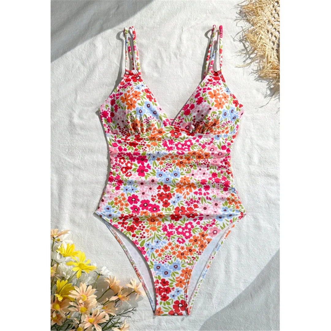 S - XL Floral Flower Printed V Neck One Piece Swimsuit Women Swimwear Female High Cut Leg Padded Bather Bathing Suit Swim V8150