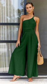 Foridol Waist Folds Backless Double Strap Casual Wide Leg Jumpsuit Long Pants Green 2025 New Female LooseJumpsuit