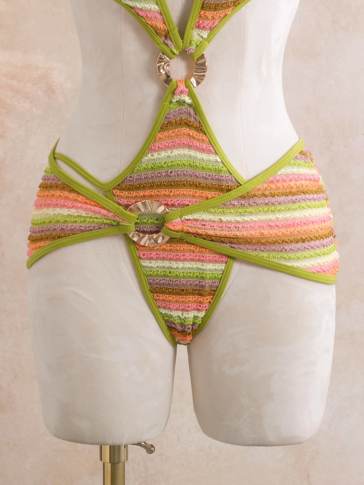 Sexy Black Stripe Knitted One Piece Swimwear Skirts Sets 2026 Women Metal Circle Hollow Out Backless Bathing Suit Thong Swimsuit