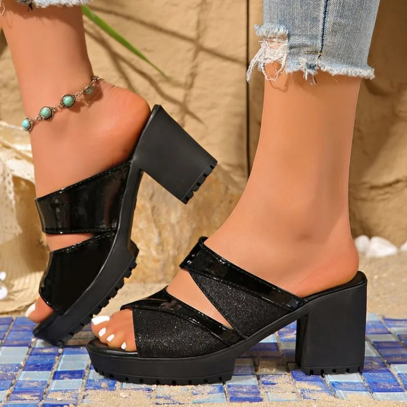 Heels for Ladies Summer Heeled Sandals for Women Platform Slippers Fashion Outdoor Bright Leather Comfort Peep Toe Casual Shoes